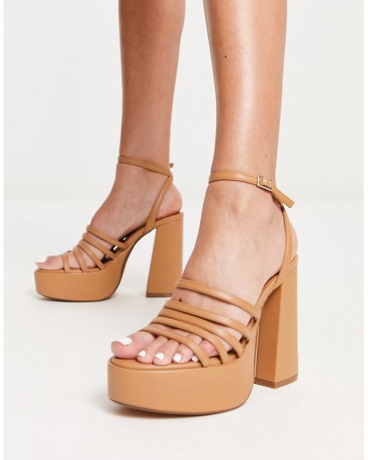 Bershka strap up heeled sandal in tan-