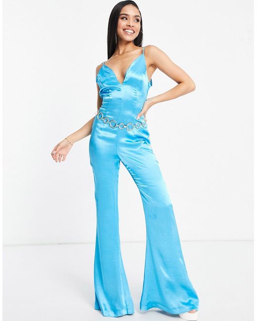 Asos Design V neck satin jumpsuit with chain belt in turquoise-