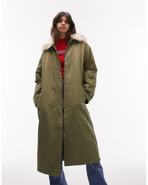 TopShop longline parker jacket with faux fur collar in khaki-