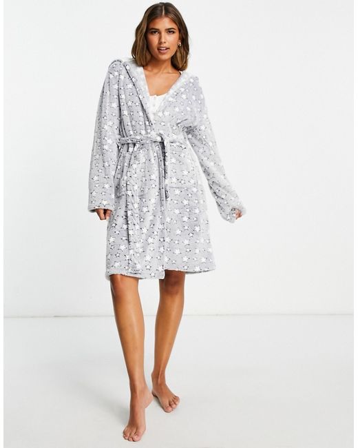 Loungeable hooded robe with sherpa lining in multi star
