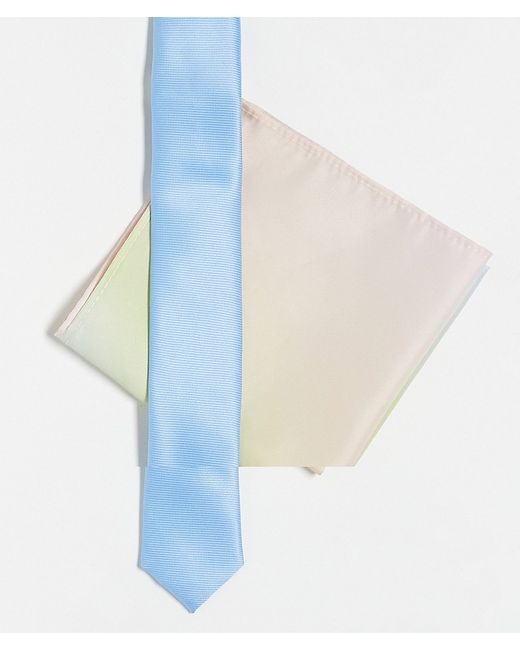 Asos Design skinny tie in blue with ombre rainbow pocket square-