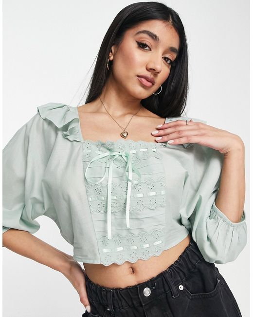 Asos Design square neck top with frill detail in sea foam-