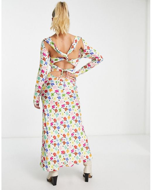 Asos Design cut out back detail satin midi dress in floral jacquard-
