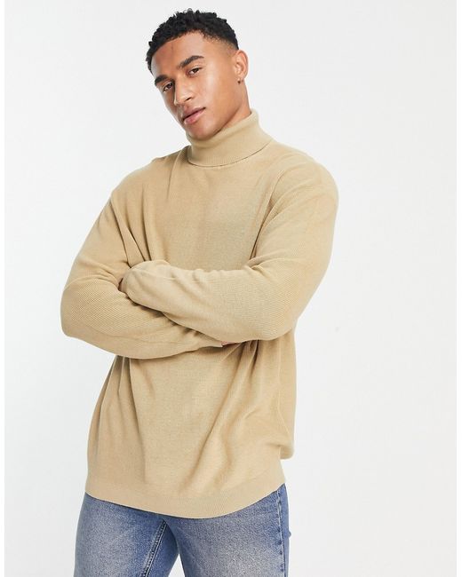Asos Design lightweight oversized ribbed turtle neck sweater in stone-