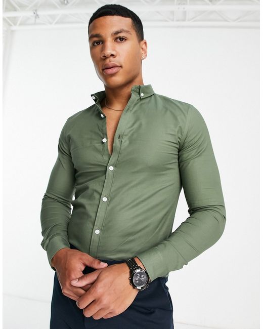 New Look long sleeve muscle fit oxford shirt in khaki-