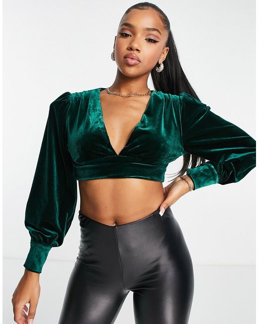 Collective The Label exclusive balloon sleeve velvet crop top in emerald part of a set-