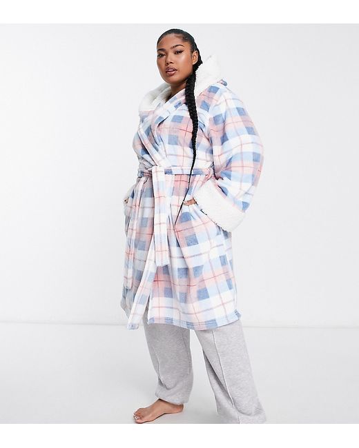 Loungeable Plus robe with sherpa lining in pink and check