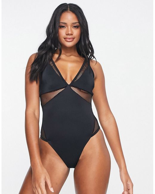 We Are We Wear deep plunge swimsuit with mesh insert in