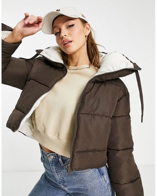 Jdy cropped contrast padded jacket in chocolate-