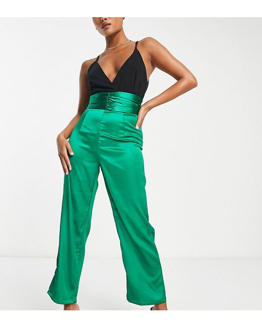 Collective The Label Petite ruched waist wide leg jumpsuit in block-