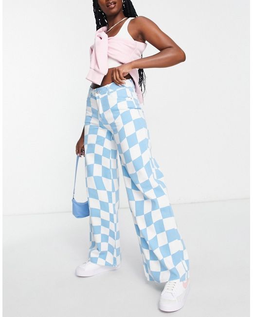 Noisy May mid rise a-line printed jeans in and white checkerboard