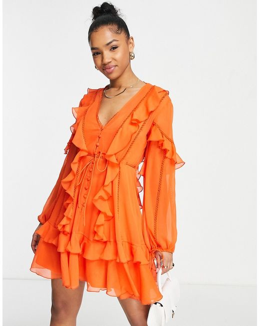 Asos Design Ruffle mini dress with button front and lace detail-