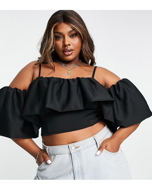 ASOS Curve DESIGN Curve scuba off shoulder top with exaggerated sleeve in