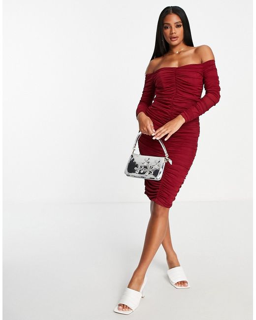 Jaded Rose long sleeve off shoulder ruched midi dress in burgundy-
