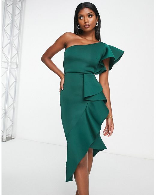 True Violet one shoulder ruffle midi dress in emerald-