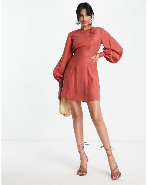 Asos Design blouson sleeve mini dress with open back in washed textured fabric