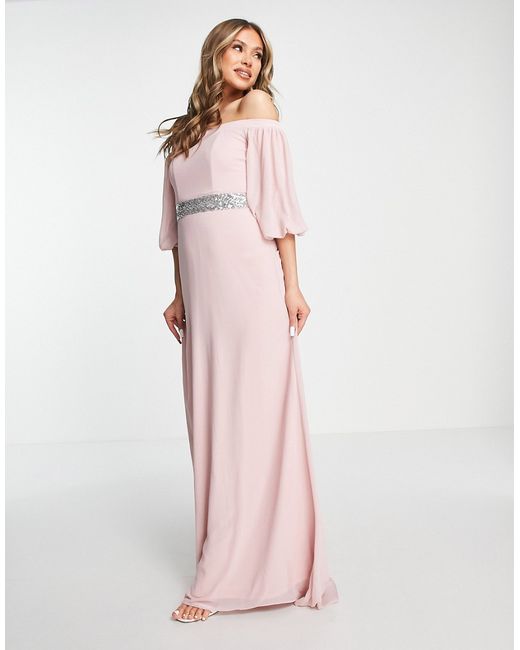 Tfnc Bridesmaid Bardot chiffon maxi dress with embellished waist in mauve-