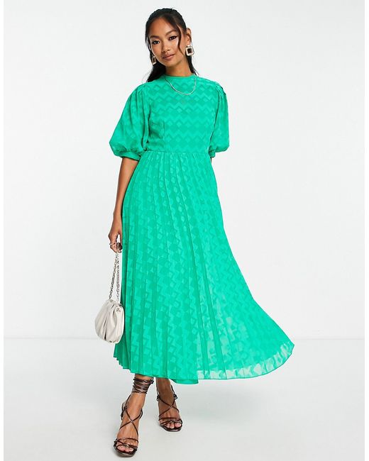 Asos Design high neck pleated chevron textured midi dress with puff sleeve in emerald