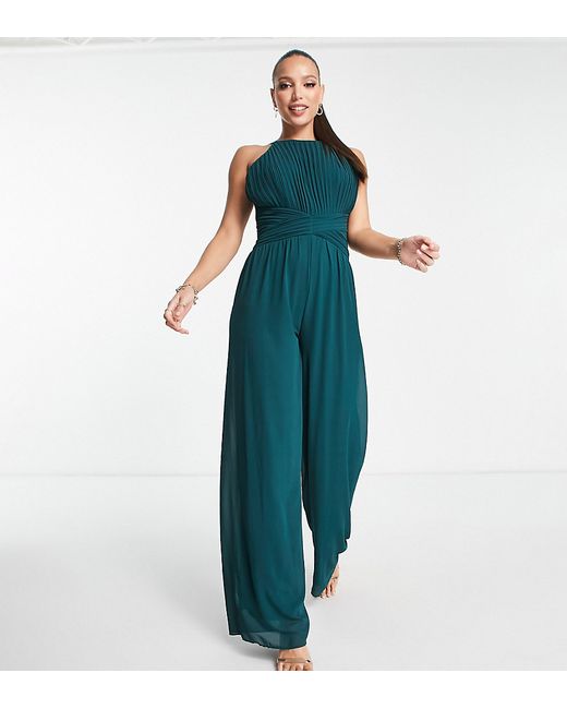 TFNC Tall Bridesmaid pleated halter neck wide leg jumpsuit in emerald-