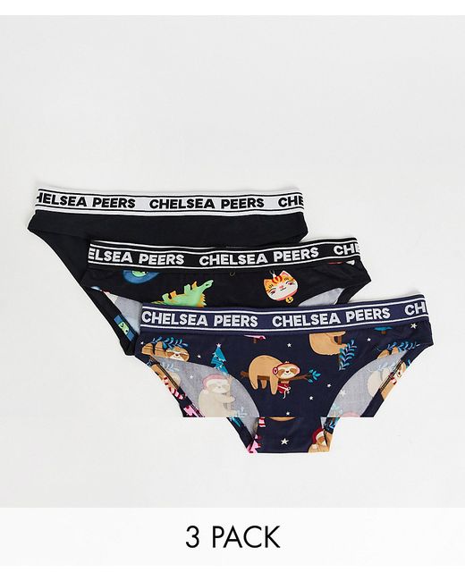 Chelsea Peers christmas sloths 3 pack briefs in and black