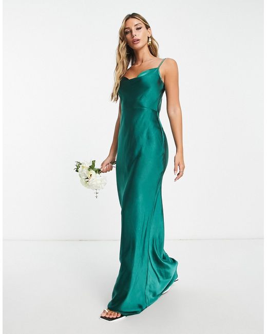 Pretty Lavish Bridesmaid Keisha cowl neck satin maxi dress in emerald