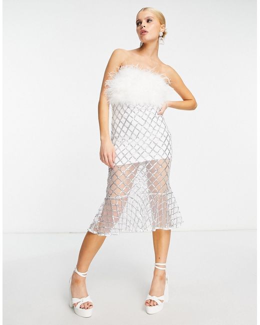Amy Lynn bardot faux fur midi dress with silver chain skirt-