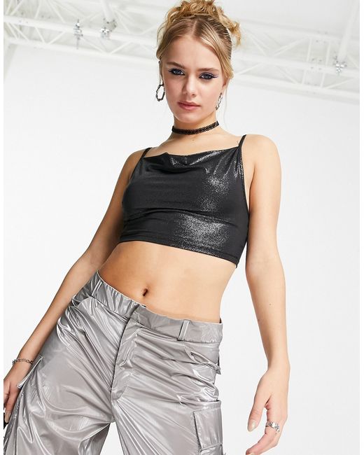 Noisy May cowl neck cropped cami top in metallic