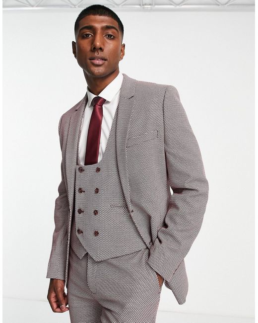 Asos Design wedding super skinny suit jacket in wine birdseye texture-