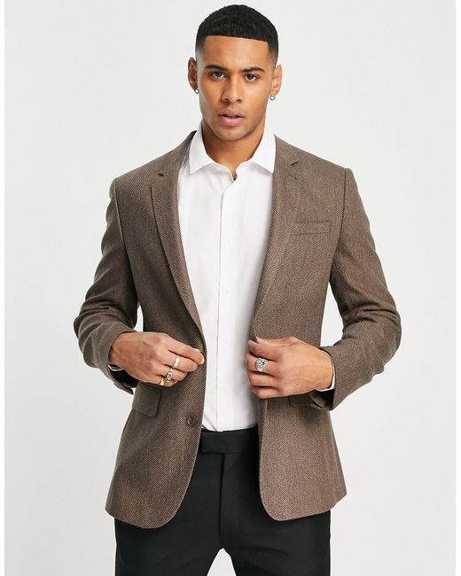 Asos Design wedding skinny wool mix suit jacket in camel herringbone-