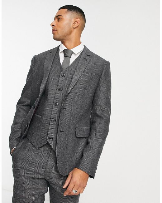 Asos Design wedding skinny wool mix suit jacket in charcoal herringbone-