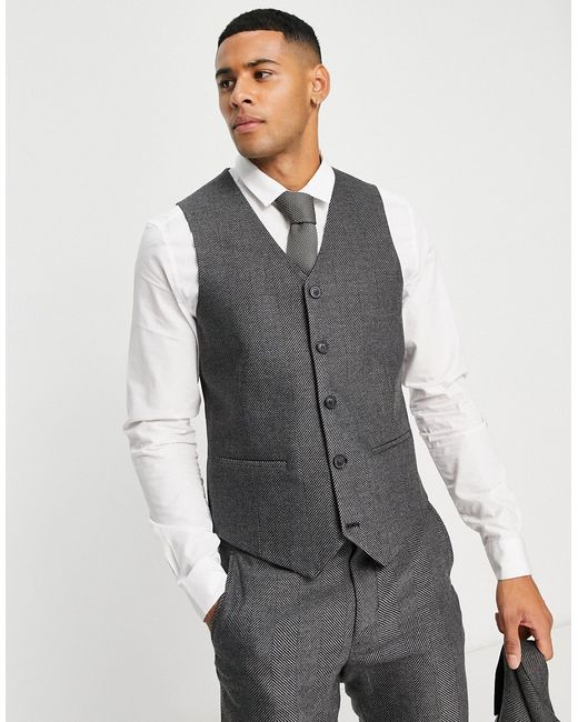 Asos Design wedding skinny wool mix suit vest in charcoal herringbone-