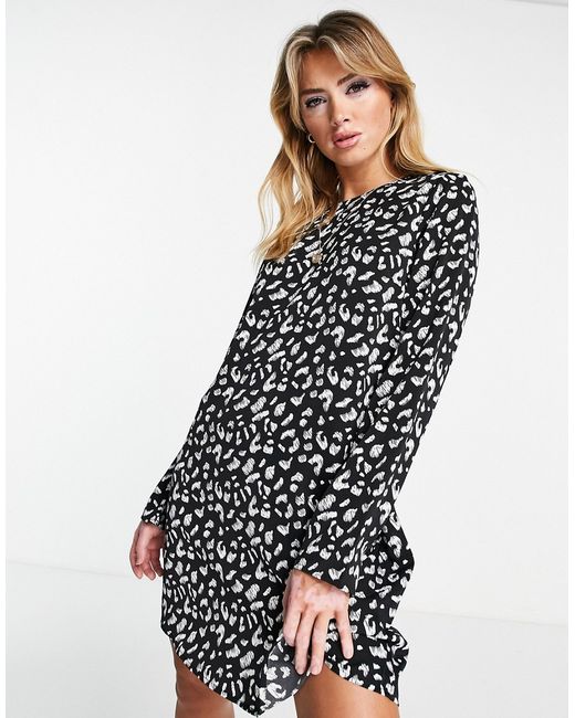 Glamorous long sleeve smock dress in sketchy style leopard-