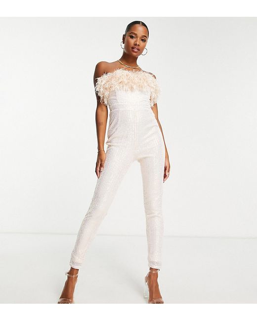 Jaded Rose Petite bandeau sequin jumpsuit with faux feather trim-