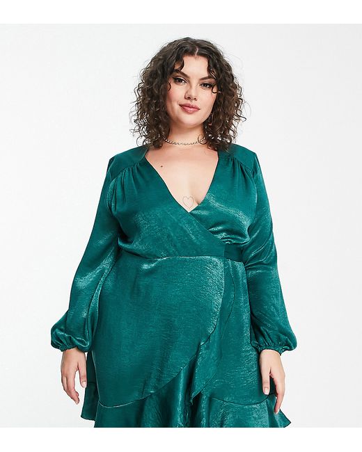 Flounce London Plus wrap front mini dress with balloon sleeve in emerald satin-