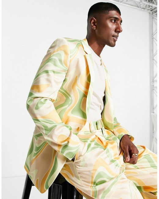 Asos Design skinny suit jacket in sage and orange swirl print