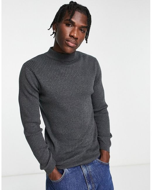 Brave Soul ribbed turtle neck sweater in charcoal-