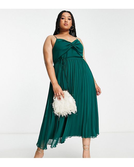 ASOS Curve DESIGN Curve twist front pleated cami midi dress with belt in forest