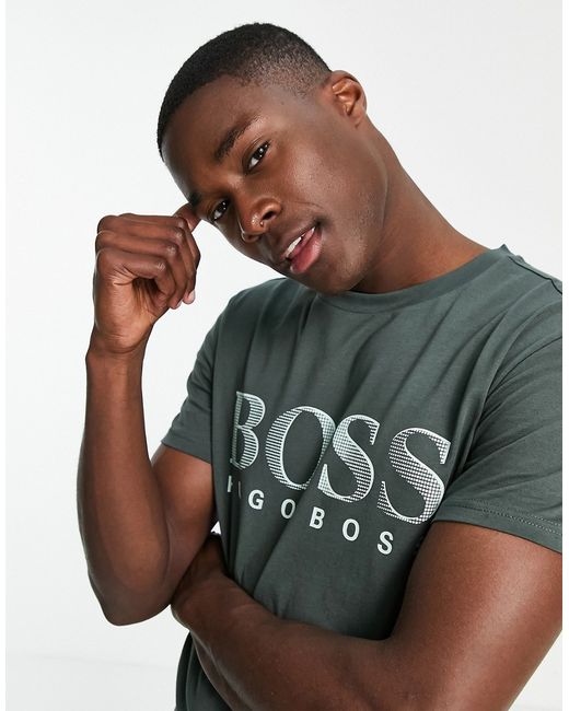 Boss Bodywear large logo sun protection t-shirt in khaki-