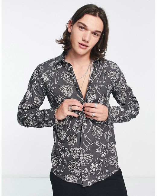 Twisted Tailor decker shirt in with white tattoo print