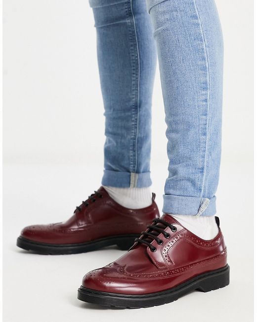 Ben Sherman leather chunky lace up brogues in burgundy-