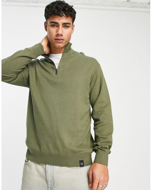 Pull & Bear half zip sweater in khaki-