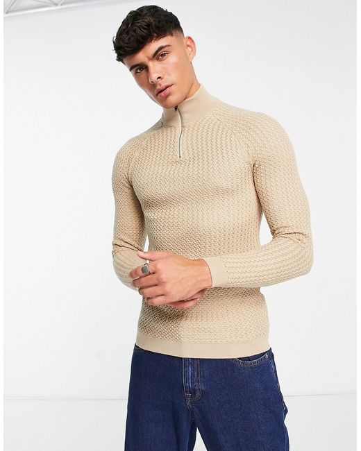 Asos Design muscle fit textured knit half zip sweater in oatmeal-