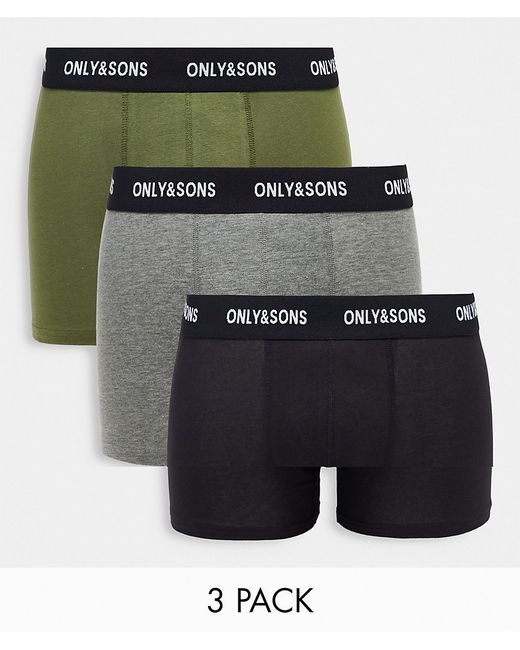 Only & Sons 3 pack trunks with contrast waistband in black khaki and gray-
