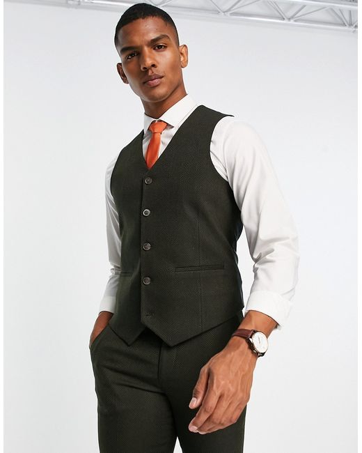 Asos Design wedding skinny wool mix suit vest in dark herringbone
