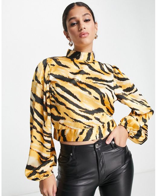 Pieces satin high neck top with open back in tiger print-