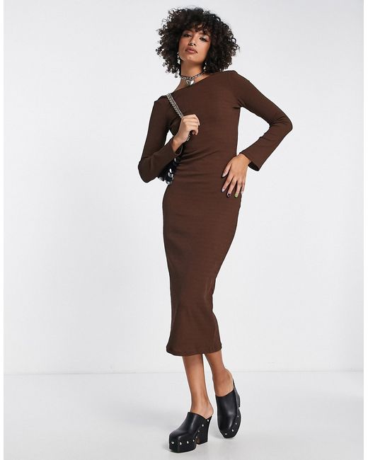 Envii knitted midi dress with bell sleeves and open back in chocolate