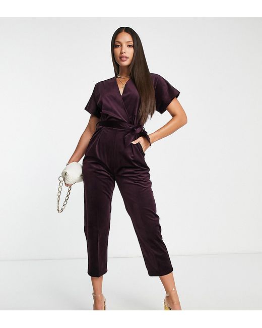 Closet London Tall velvet wrap jumpsuit in plum-