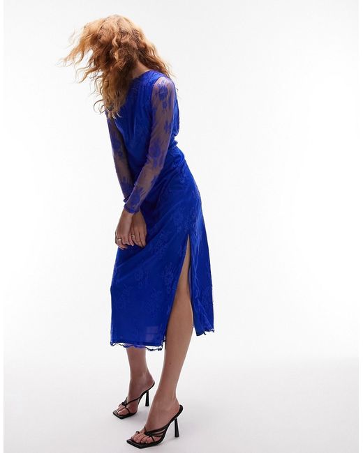 TopShop long sleeve lace midi dress in cobalt-
