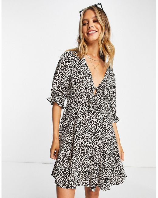 Asos Design tie front mini tea dress with godets in animal print-