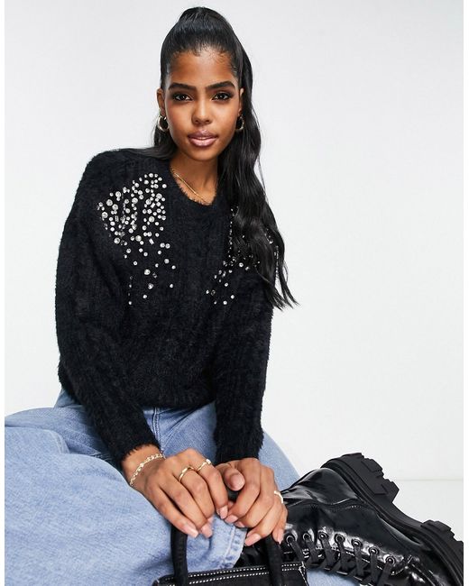 Miss Selfridge diamante shoulder fluffy cable knit sweater in